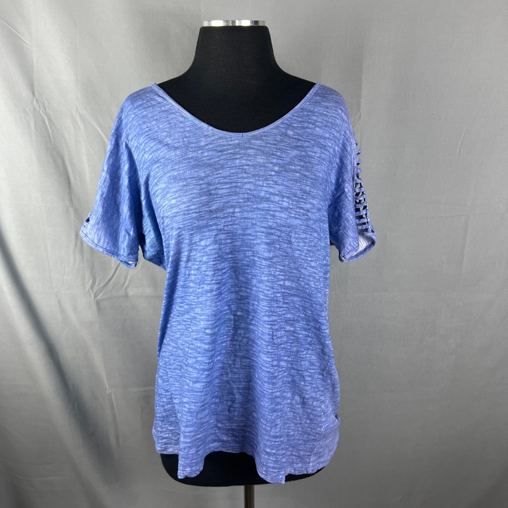 Lulu B T Shirt Womens Small Blue Slub Knit Space Dye Cotton Cutout Ladder Sleeve